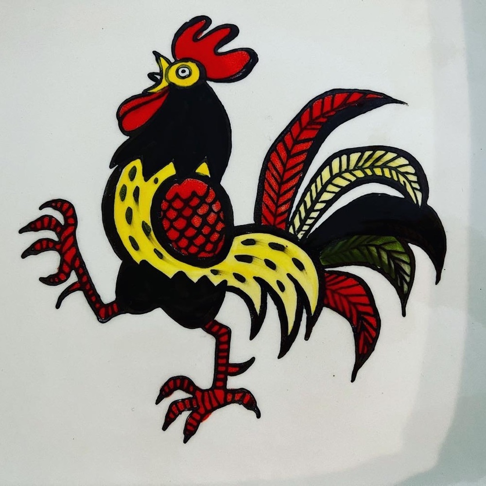 🐓 VINTAGE 12x12 1960’s RED ROOSTER POPPY TRAIL HAND PAINTED PLATTER PLATE DISH - Picture 3 of 7